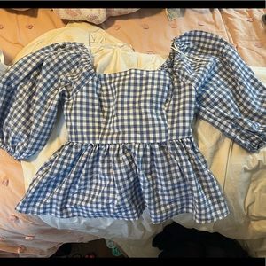 Blue Gingham Puff Sleeve Top
